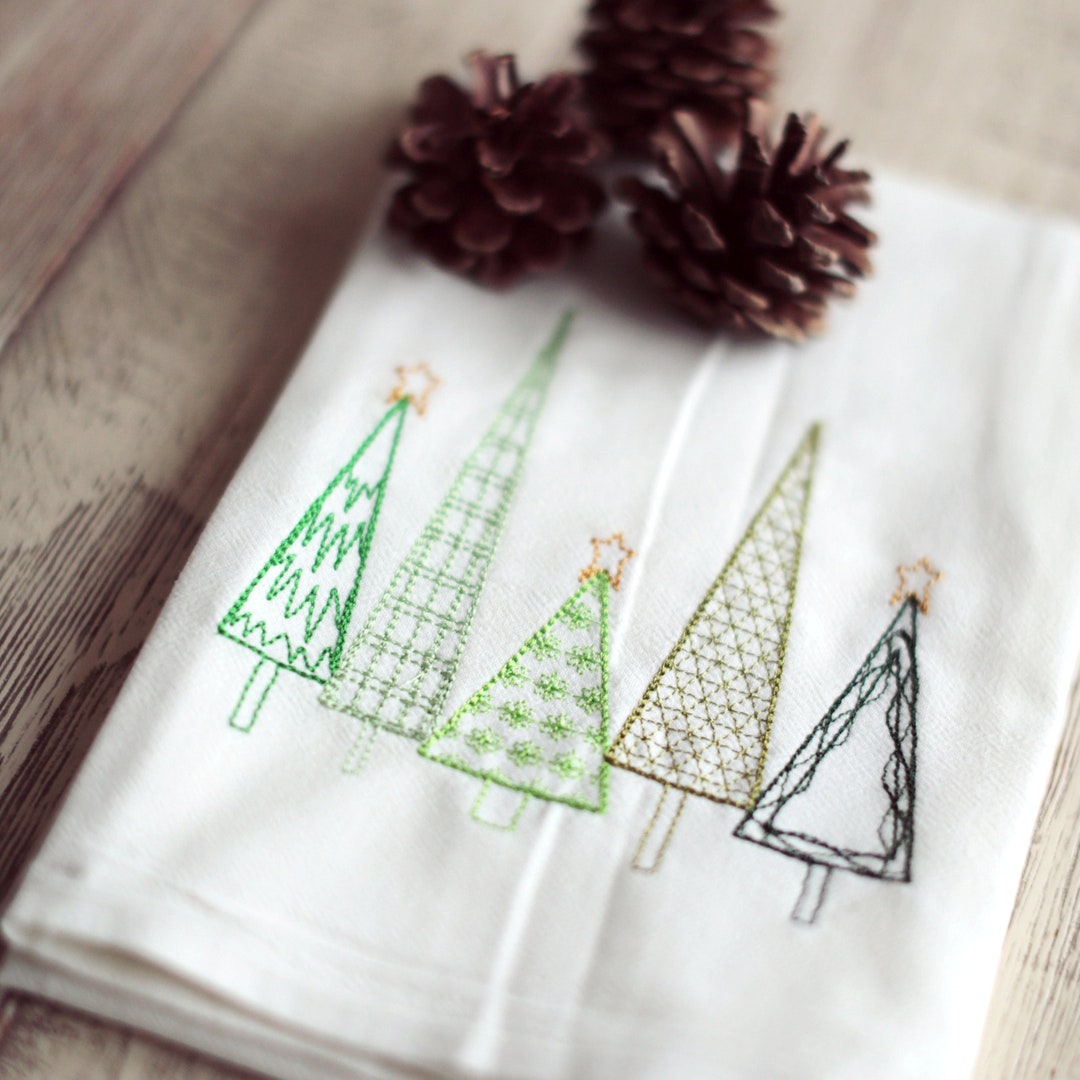 Christmas Dish Towels, Christmas Tree Embroidered Tea Towel, Farmhouse Christmas Dishtowels