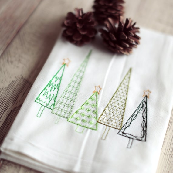 Christmas Dish Towels, Christmas Tree Embroidered Tea Towel