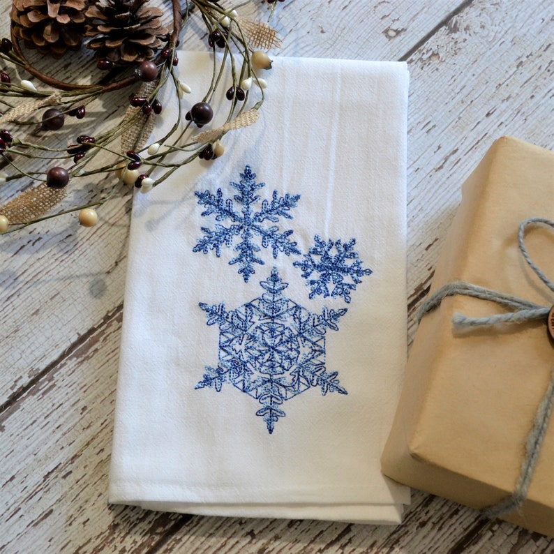 Lace Snowflake Embroidered Tea Towel, Embroidered 30x30 Floursack Towel, winter home decor, kitchen towel, seasonal towel, pretty snowflakes image 1