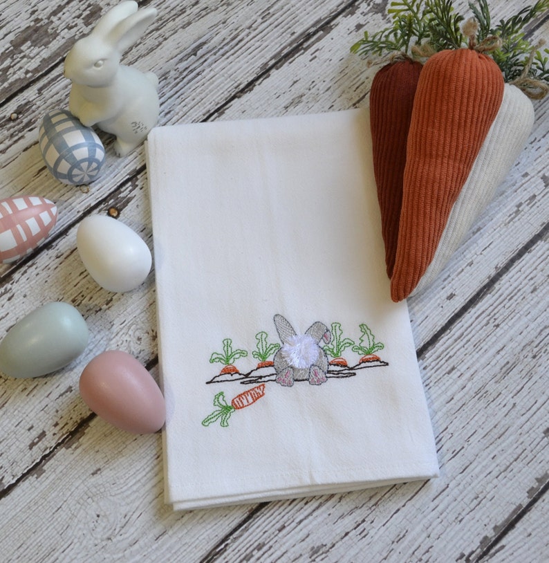 Bunny Tail Embroidered Tea Towel, Embroidered Floursack Towel, Country Kitchen Towel, Farmhouse Decor, Dish Towel, easter, gardening, carrot image 4