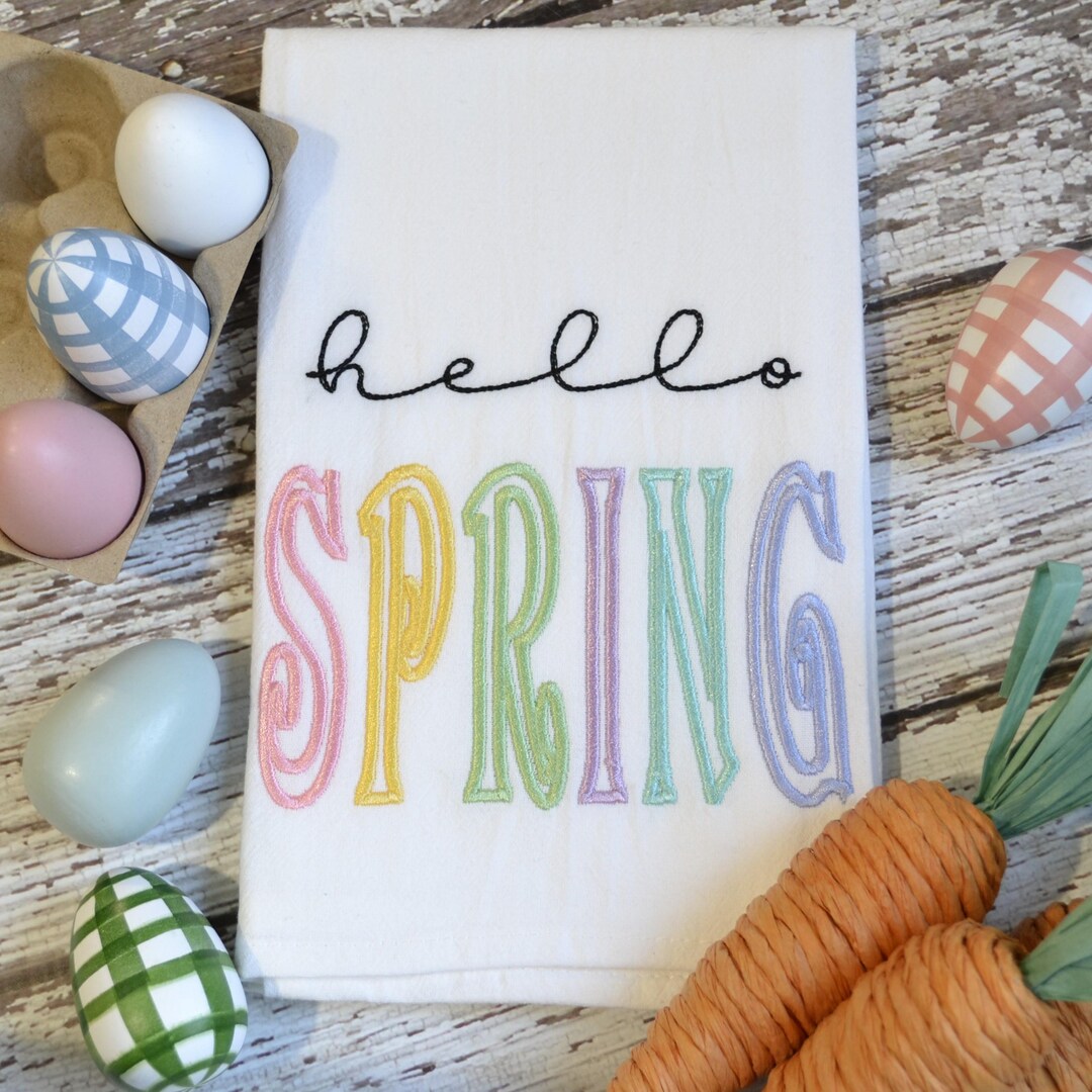 Hello Spring Embroidered Tea Towel, 30x30 Embroidered Floursack Towel ...