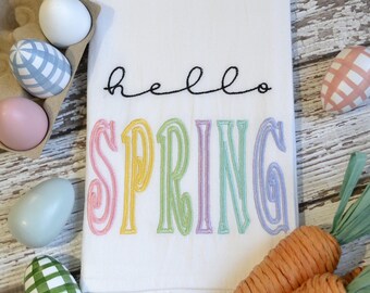 Hello Spring Embroidered Tea Towel, 30x30 Embroidered Floursack Towel, Christmas Dish Towel, Seasonal Kitchen Decor, hostess gift, easter