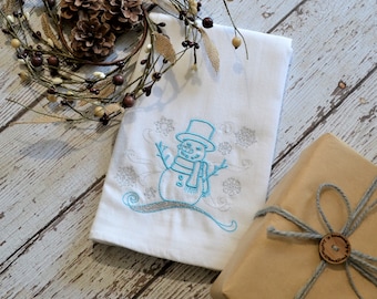 Sneeuwpop geborduurde theedoek, 30 x 30 geborduurde meelzak handdoek, kerstmis, winter keukenhanddoek, vakantiedecor, keukenhanddoek cadeau