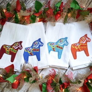 Dala Horse Embroidered Tea Towel,  Embroidered 30x30 Flour Sack Towel, Made in MN, Orange or Blue, scandinavian Tea Towel