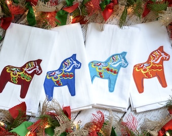 Dala Horse Embroidered Tea Towel,  Embroidered 30x30 Flour Sack Towel, Made in MN, Orange or Blue, scandinavian Tea Towel