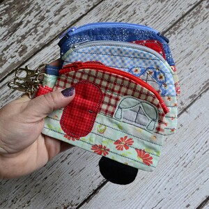 Camper Coin Purse, Embroidered, fully lined, lobster clasp clip, camping gift, repurposed fabric, Red, Blue, White, summer, patriotic