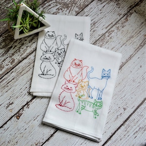 Lots of Cats Embroidered Tea Towel, Embroidered floursack towel, Multi Color, cat decor, gift for cat owner, cat kitchen towel, dish towel