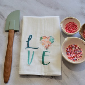 LOVE Tea Towel - Embroidered Floral Heart - Valentine&#39;s Day Gift - Seasonal Kitchen Decor - Love Dish Towel - Heart Kitchen Towel