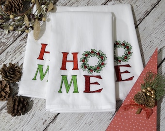 Christmas Dish Towels, Home Wreath Embroidered Tea Towel, Farmhouse Christmas Kitchen Towels, New Apartment Gift, Holiday Hand Towels
