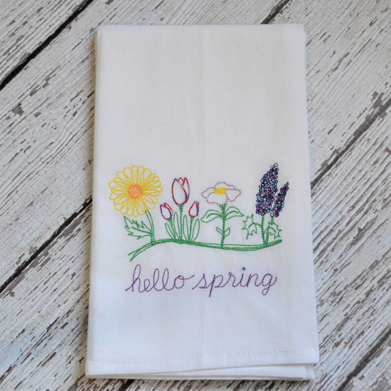 Hello Spring Embroidered Tea Towel, Spring Floral Kitchen Decor, Farmhouse Dish Towel, Spring Flowers, pretty floral towel, floursack towel image 2