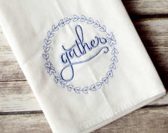 Embroidered Gather Floursack Towel - Leaf Laurel - Farmhouse Style Tea Towel - Thanksgiving Decor