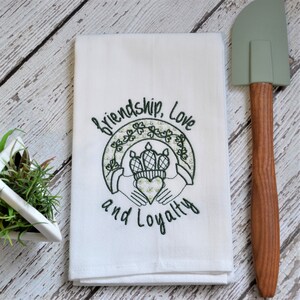 Claddagh Tea Towel, Embroidered Floursack Towel, St. Patrick&#39;s Day, Irish, Green, Spring, gift for friend, bff, friendship, love and loyalty