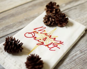 Vrolijke en heldere geborduurde theedoek, 30 x 30 geborduurde meelzakhanddoek, kerstmis, winterkeukenhanddoek, vakantiedecor, keukenhanddoek cadeau