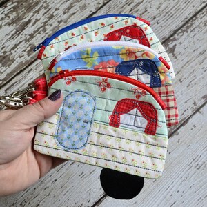 Camper Coin Purse, Embroidered, fully lined, lobster clasp clip, camping gift, repurposed fabric, Red, Blue, White, summer, patriotic