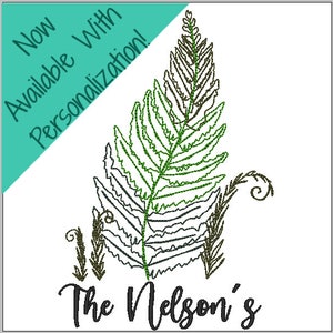 May include: A green fern with a black outline and the text "The Nelson's" below. The image has a teal green corner with the text "Now Available With Personalization!"