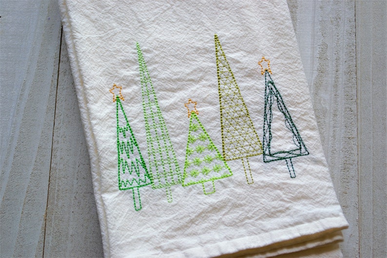 Christmas Dish Towels, Christmas Tree Embroidered Tea Towel, Farmhouse Christmas Kitchen Towels, New Apartment Gift, Holiday Hand Towels Mixed Greens