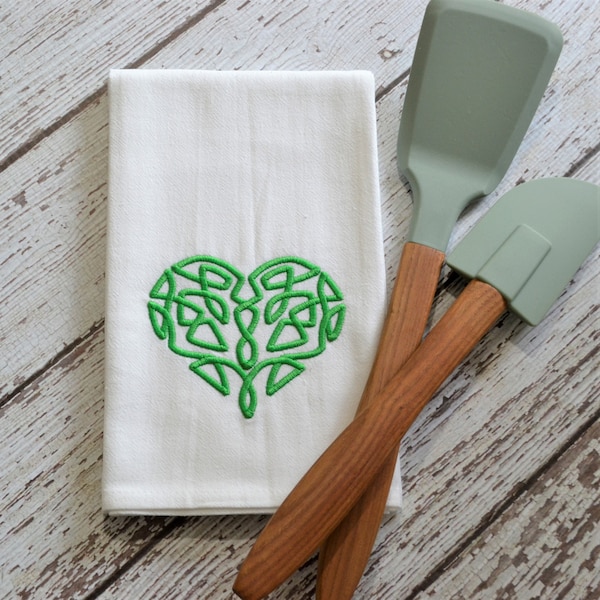 Celtic Heart Tea Towel - Embroidered Floursack Towel - St. Patrick's Day - Irish - Green Heart - Spring