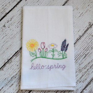 Hello Spring Embroidered Tea Towel, Spring Floral Kitchen Decor, Farmhouse Dish Towel, Spring Flowers, pretty floral towel, floursack towel image 6