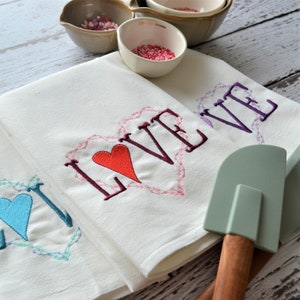 LOVE Heart Tea Towel, Valentine&#39;s Day Gift, Seasonal Kitchen Decor, Love Dish Towel, Heart Kitchen Towel, Embroidered Floursack Towel