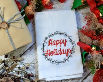 Happy Holidays Dish Towels, Seasonal Embroidered Tea Towel, Holiday Kitchen Towels, New Apartment Gift, Holiday Hand Towels, Hostess Gift