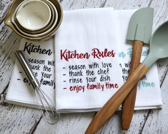 Kitchen Rules Embroidered Tea Towel, new home gift, funny dish towel, Kitchen Towel decor, kitchen gift, hostess gift, family, kitchen decor