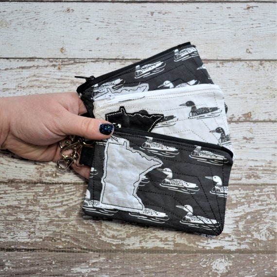 Minnesota Coin Purse, Embroidered design, quilted fully lined, mn loon gift, lake girl, minnesota loons, black and white, easter basket gift