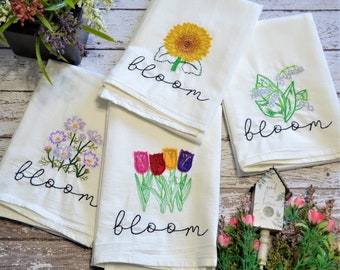 Bloom Embroidered Tea Towel, Spring Floral Kitchen Decor, Farmhouse Style Dish Towel, Tulips Mums Sunflower Lily of Valley, floursack towel