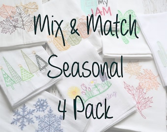 Mix  & Match Seasonal 4 Pack Kitchen Towels, Embroidered Towel, Dishcloth, Gift for wedding, housewarming, shower gift, new home, first home