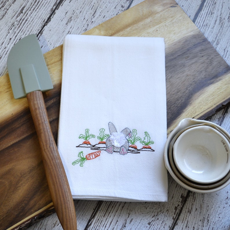 Bunny Tail Embroidered Tea Towel, Embroidered Floursack Towel, Country Kitchen Towel, Farmhouse Decor, Dish Towel, easter, gardening, carrot image 2