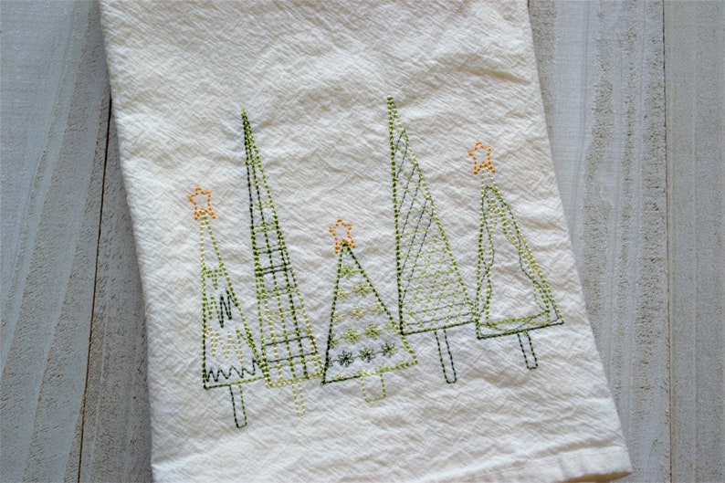 Christmas Dish Towels, Christmas Tree Embroidered Tea Towel, Farmhouse Christmas Kitchen Towels, New Apartment Gift, Holiday Hand Towels Variagated Green