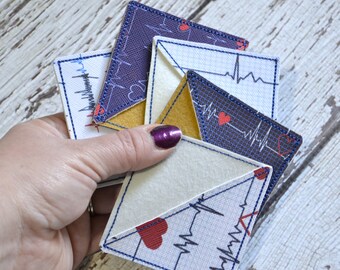 Corner Bookmark, Embroidered Bookmark, Gift for reader, teacher, summer gift, personalized, nurse, cardio, heart, heartbeat, grid, blue