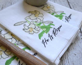 He is Risen Embroidered Tea Towel, Spring Floral Kitchen Decor, Farmhouse Style Dish Towel, Easter Lillies, floursack towel, Lily, Christian