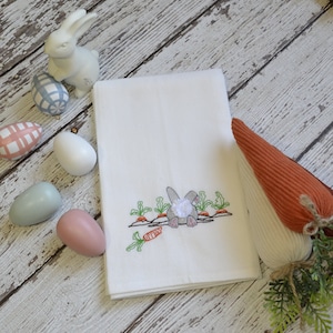 Bunny Tail Embroidered Tea Towel, Embroidered Floursack Towel, Country Kitchen Towel, Farmhouse Decor, Dish Towel, easter, gardening, carrot image 1