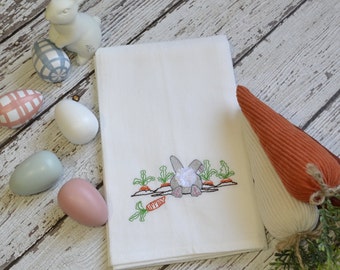 Bunny Tail Embroidered Tea Towel, Embroidered Floursack Towel, Country Kitchen Towel, Farmhouse Decor, Dish Towel, easter, gardening, carrot