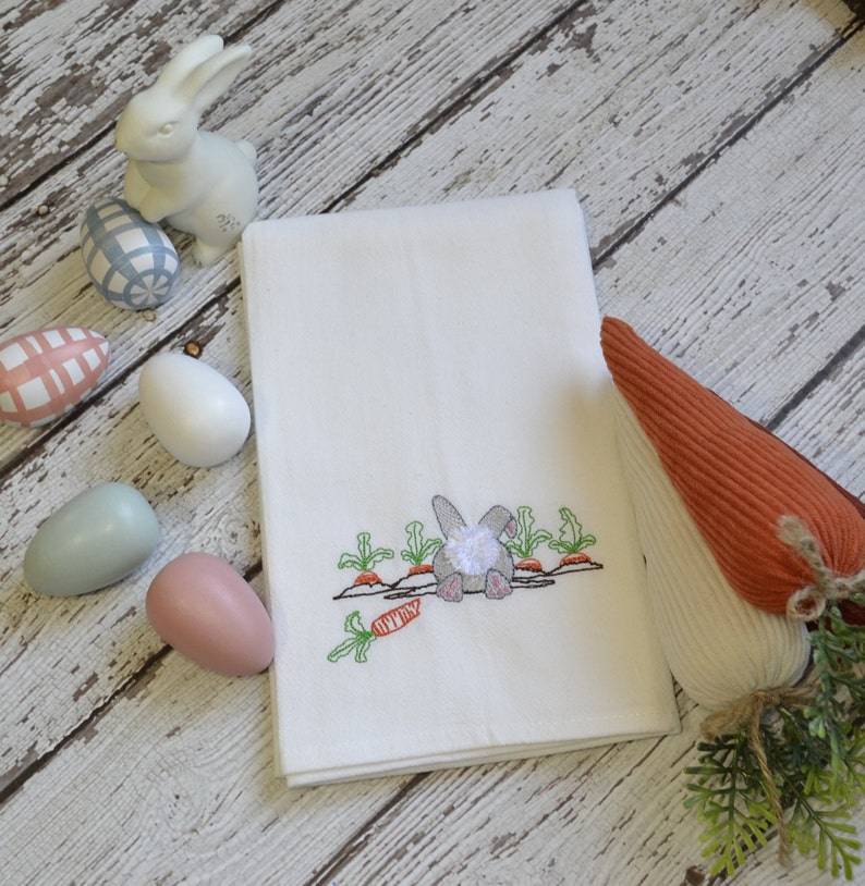 Bunny Tail Embroidered Tea Towel, Embroidered Floursack Towel, Country Kitchen Towel, Farmhouse Decor, Dish Towel, easter, gardening, carrot image 1