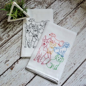 Lots of Dogs Embroidered Tea Towel, 30x30 Embroidered floursack towel, Multi Color, dish towel, gift for dog owner, dog decor, dog gift