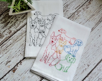 Lots of Dogs Embroidered Tea Towel, 30x30 Embroidered floursack towel, Multi Color, dish towel, gift for dog owner, dog decor, dog gift