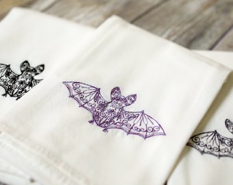 Lace Bat Embroidered Tea Towel, 30x30 Embroidered Floursack Towel, Autumn Dish Towel,  Seasonal Kitchen Decor, hostess gift, halloween