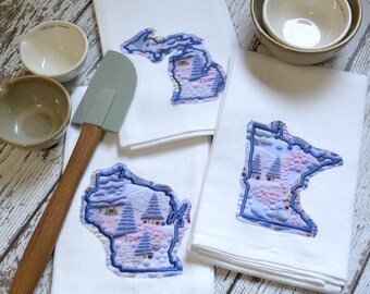 Winter Trees Teal Embroidered Tea Towel, choose your state, embroidered kitchen towels, christmas gift, state, dish towel gift, raggy edge