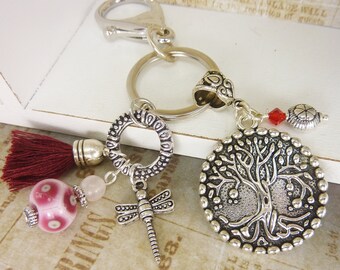 Keychain Tree of Life - Lucky charm in silver with rose quarz and tassel