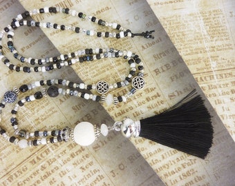 long boho necklace with tassel in black, white and silver, celtic knots - hippie necklace made of glass beads