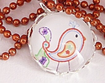 kids necklace *coloured bird* - red necklace with coloured bird as girl gift