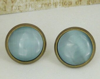Cabochon stud earrings bronze with light blue 10mm Cateye cabochons