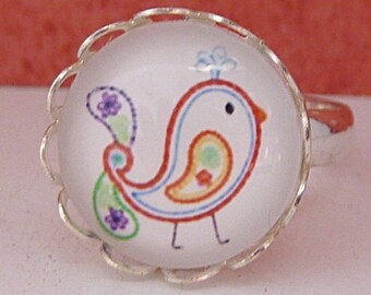 children's ring *coloured bird* - small silver-coloured ring as a girl gift