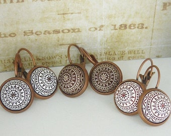 Vintage mosaic earrings copper / SELECTION: grey-white, brown or red-white / cabochon earrings
