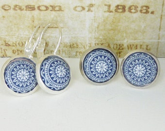 mosaic earrings - cabochon earrings maritime, with blue and white ornaments, set in silver / SELECTION: leverback or studs