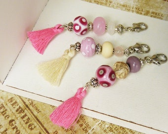 Tassel charm in pink and cream with silver - planner accessories - handbag charm - Boho necklace pendant - pencil case charm