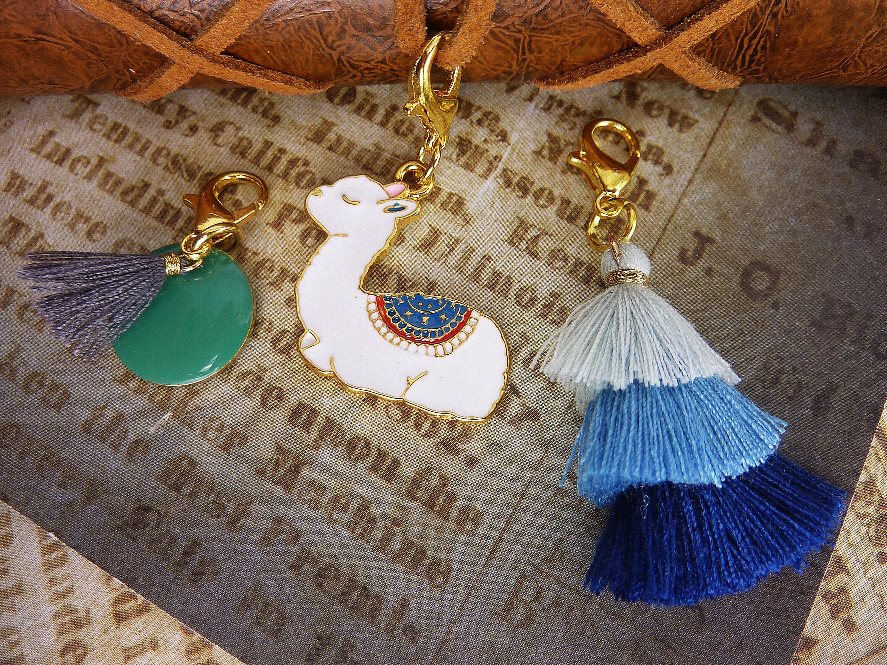 Charm gold with Alpaca, or with tassel or enamel disc - planner accessories - pendant for handbag or pencil case - gift for girls