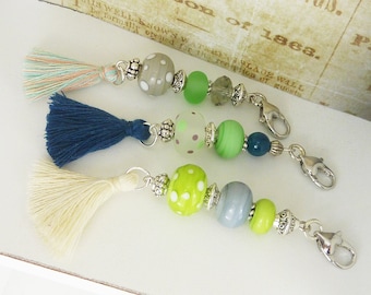 Tassel charm in turquoise, green or grey with silver - planner accessories - handbag charm - Boho necklace pendant - pencil case charm