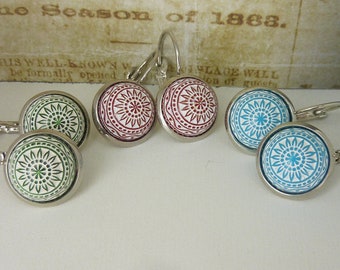 Mosaic earrings, in Boho style, set in silver - hanging earrings with mandala cabochon - SELECTION: green, red or turquoise